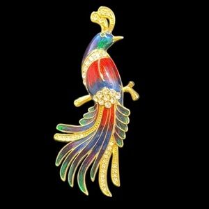 Bird of paradise enamel, rhinestone, gold tone, brooch, pin, estate jewelry